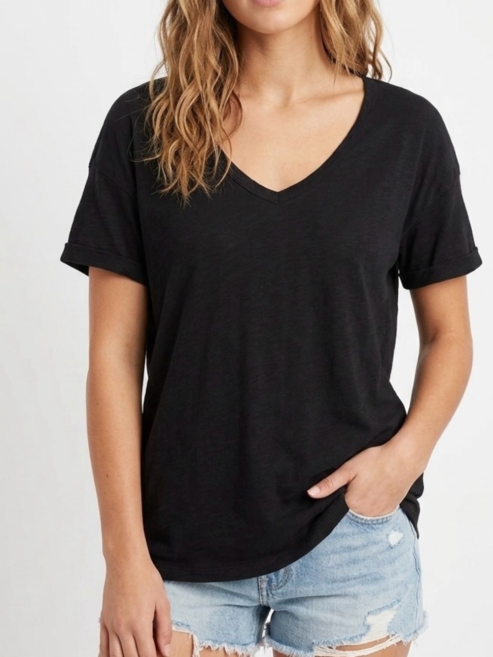 Aerie Distressed Black V-Neck Boyfriend T-Shirt Elevated Basic Minimalist Tee